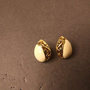 Women's Gold Tone Cut Out with Ivory Enamel Earrings Size OS